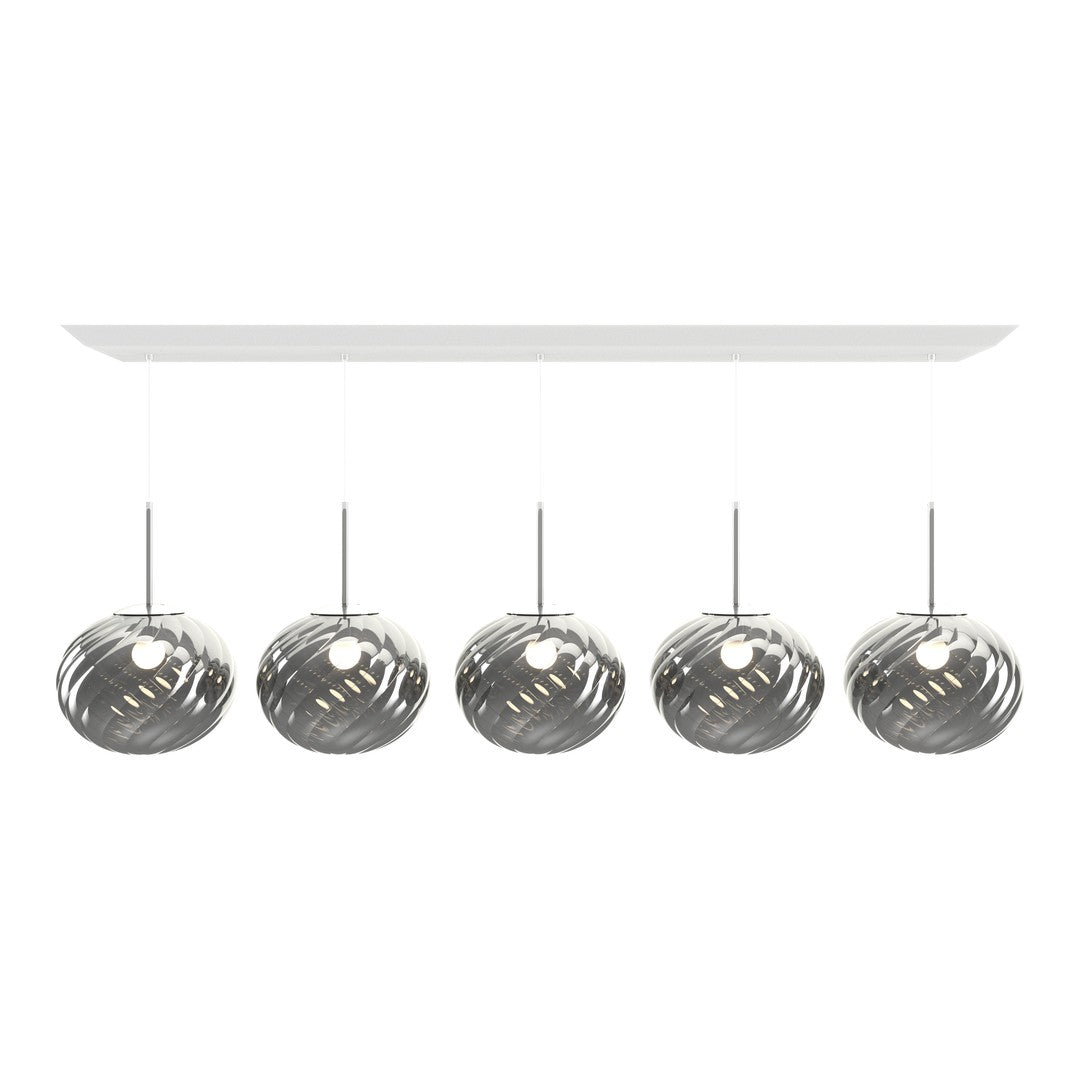 Modern silver pendant light with sleek swirling patterns, hung from a white ceiling mount.