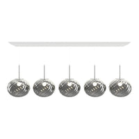 Modern silver pendant light with sleek swirling patterns, hung from a white ceiling mount.