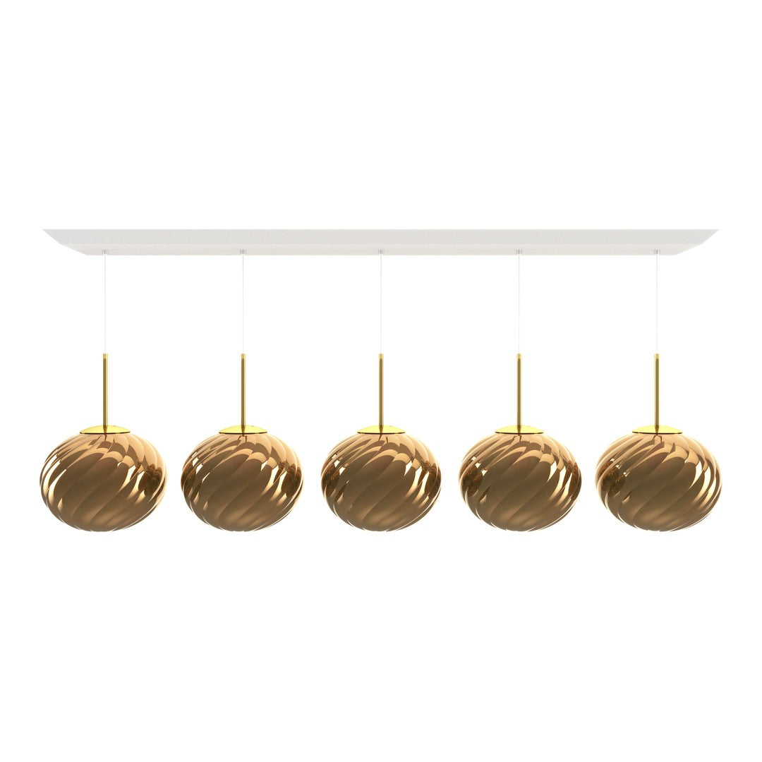 Five golden textured pendant lights with shiny, swirling patterns on a white ceiling mount. Modern design.