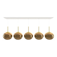 Five golden textured pendant lights with shiny, swirling patterns on a white ceiling mount. Modern design.