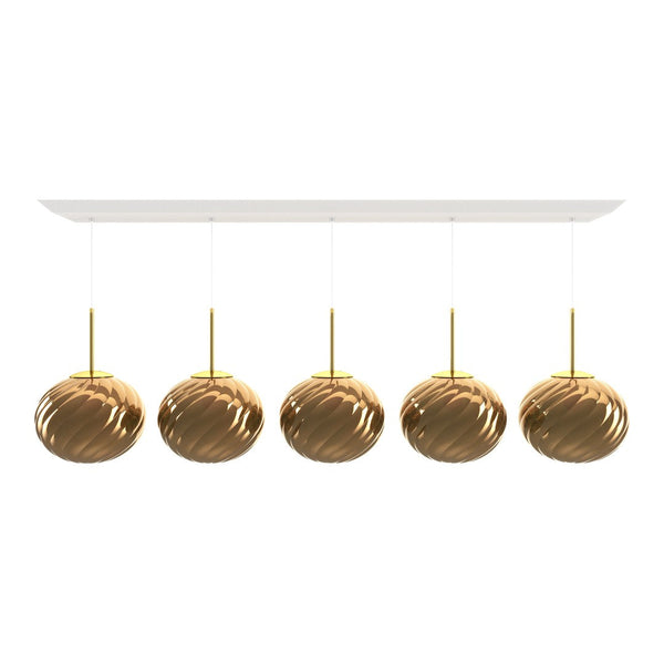 Five golden textured pendant lights with shiny, swirling patterns on a white ceiling mount. Modern design.