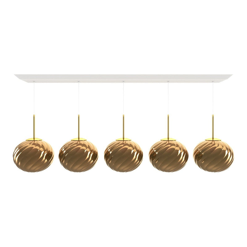 Five golden textured pendant lights with shiny, swirling patterns on a white ceiling mount. Modern design.