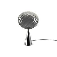 "Modern lamp featuring a sleek, swirling gray glass shade and a shiny silver cone base."