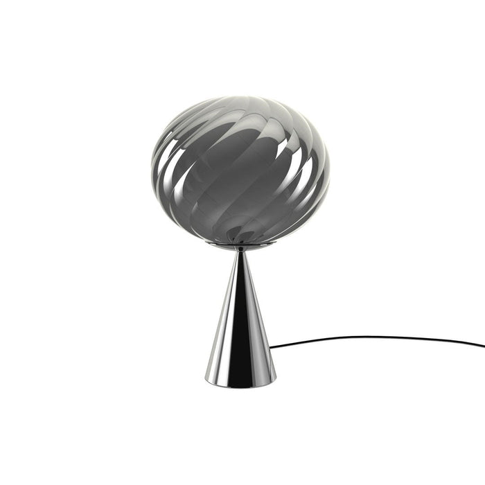 "Modern lamp featuring a sleek, swirling gray glass shade and a shiny silver cone base."