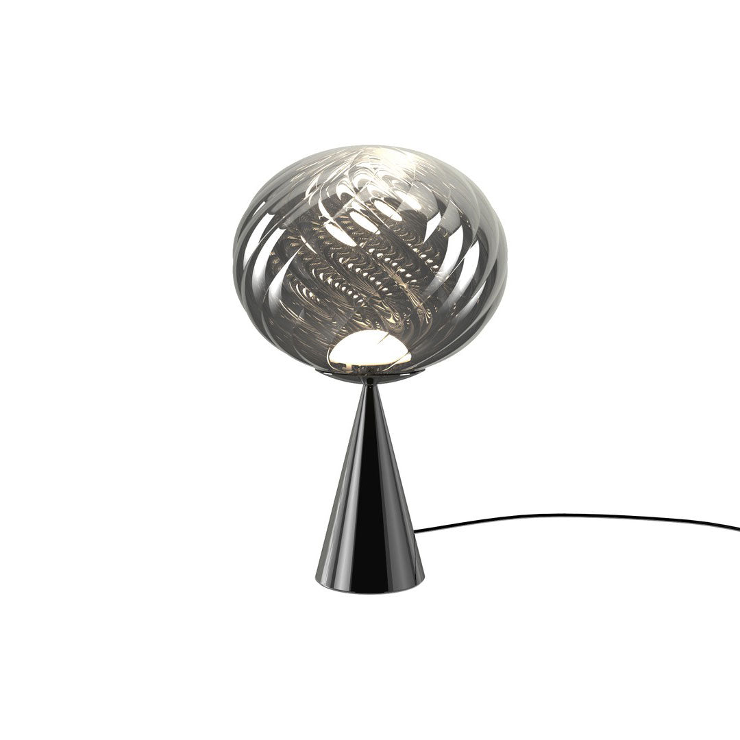 Stylish black and silver table lamp with a spherical design and intricate swirling patterns. Ideal for modern decor.