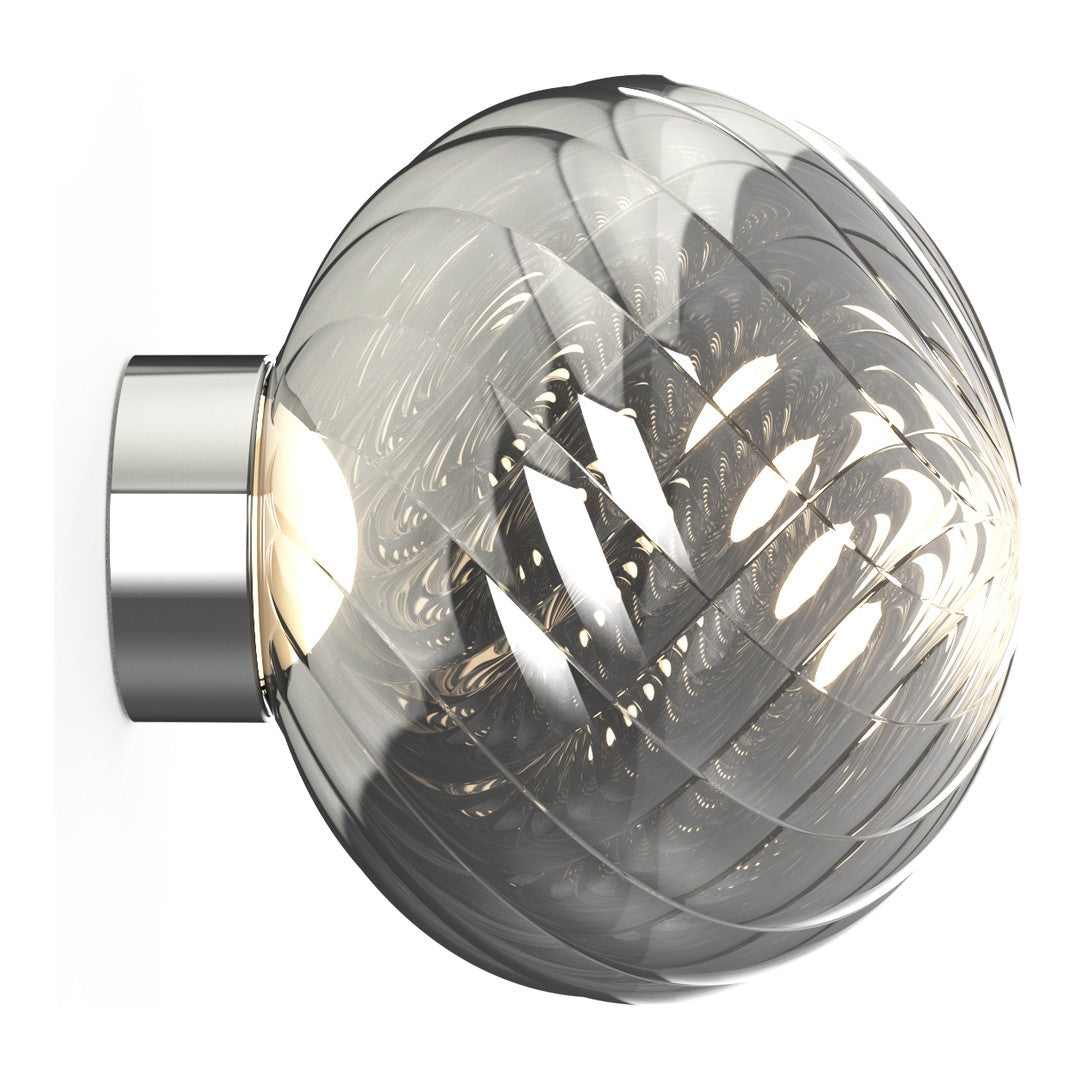 Modern glass wall lamp with a round, textured silver and clear design, featuring intricate swirling patterns.