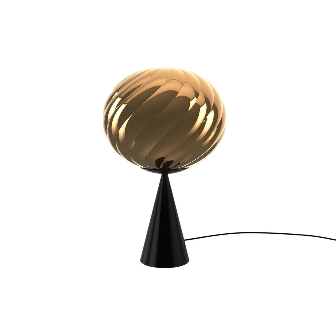 "Black base with a glossy, swirling golden orb lampshade, adding modern elegance to any decor."