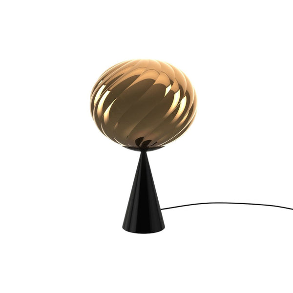 "Black base with a glossy, swirling golden orb lampshade, adding modern elegance to any decor."