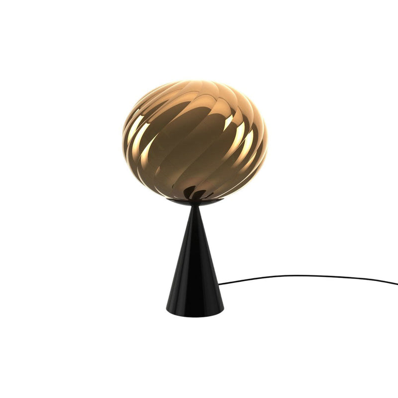 "Black base with a glossy, swirling golden orb lampshade, adding modern elegance to any decor."