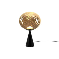 Stylish gold spherical lamp with intricate cutout patterns on a sleek black cone base. Perfect for modern decor.