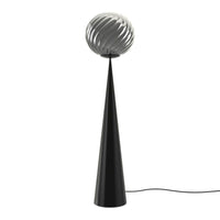 Black cone base lamp with sleek silver spiral shade, combining modern minimalism and elegant design.