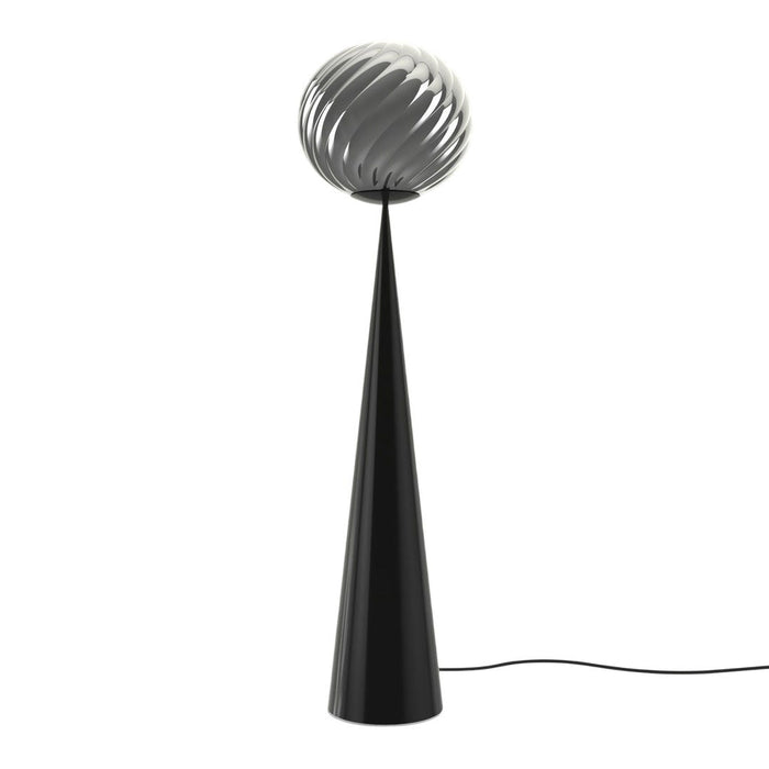 Black cone base lamp with sleek silver spiral shade, combining modern minimalism and elegant design.