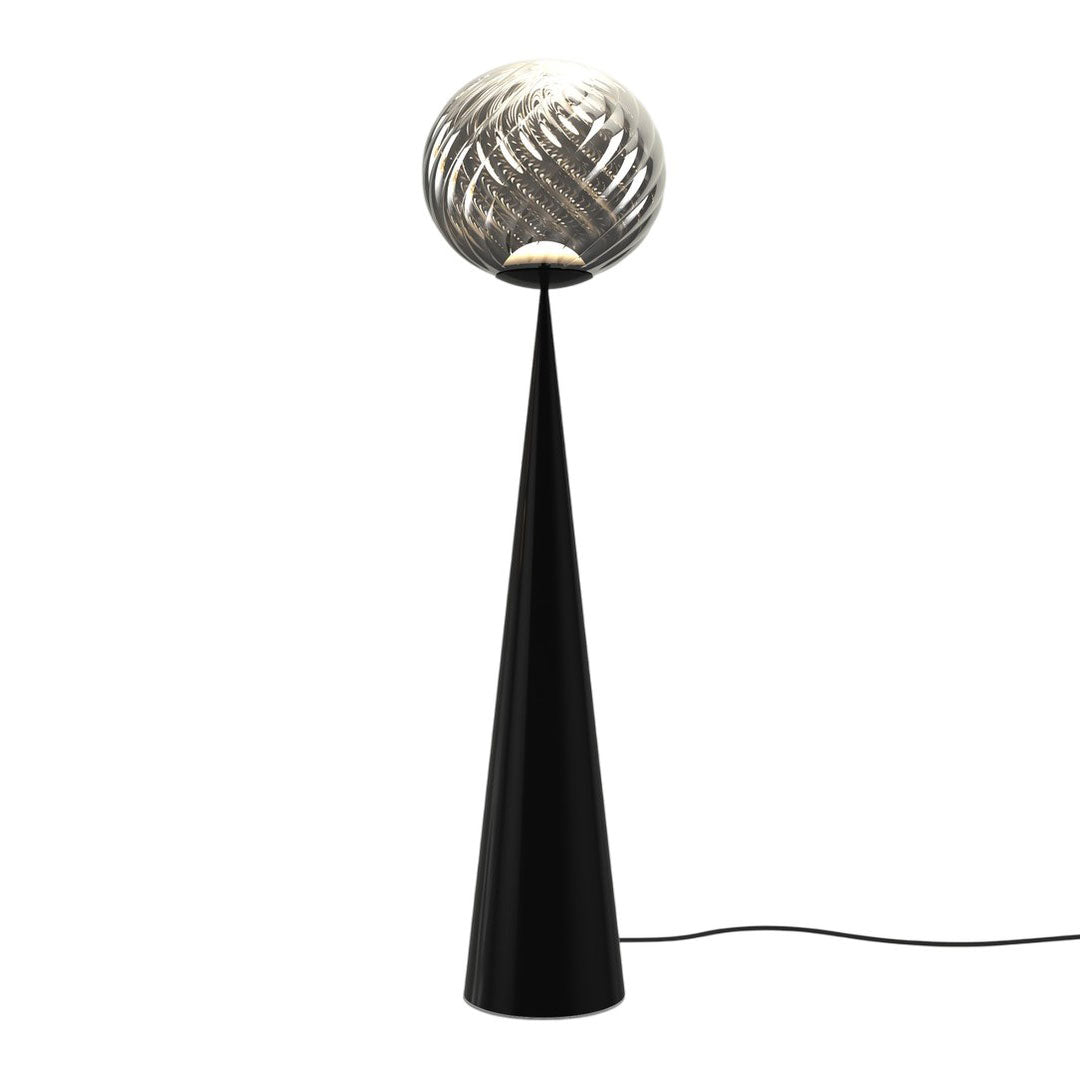 Contemporary black cone lamp with a textured glass globe, featuring swirling clear patterns. Modern design accent piece.