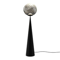 Contemporary black cone lamp with a textured glass globe, featuring swirling clear patterns. Modern design accent piece.