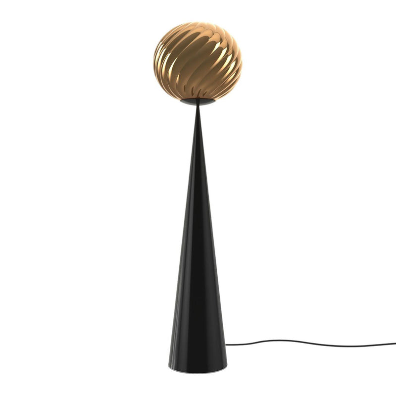 Black cone base with a swirling gold spherical top. Modern design with a sleek, polished finish.