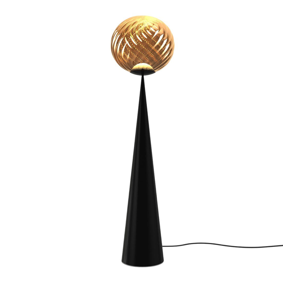 Modern black floor lamp with a gold swirl shade, featuring a sleek cone base and warm, inviting light.