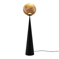 Modern black floor lamp with a gold swirl shade, featuring a sleek cone base and warm, inviting light.