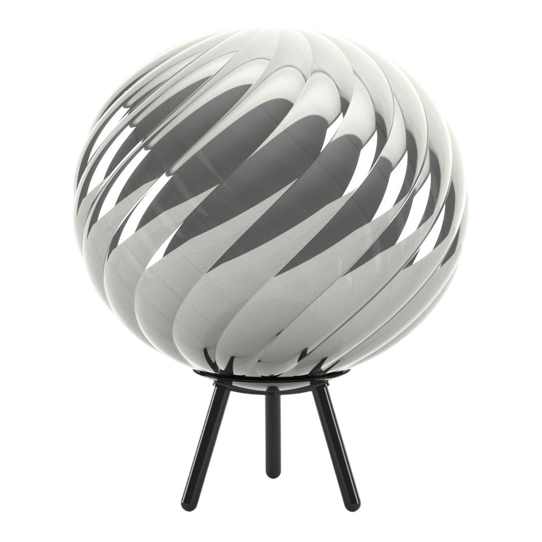 Black and white striped globe lamp with sleek, glossy finish and modern tripod stand. Perfect for contemporary decor.