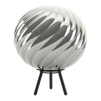 Black and white striped globe lamp with sleek, glossy finish and modern tripod stand. Perfect for contemporary decor.