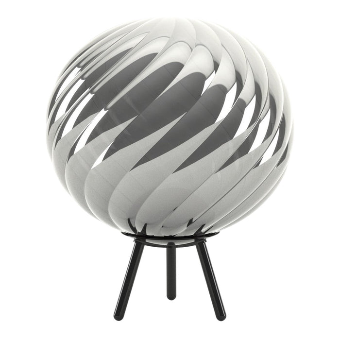 Black and white striped globe lamp with sleek, glossy finish and modern tripod stand. Perfect for contemporary decor.