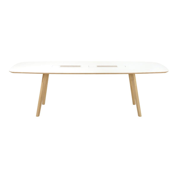 White rectangular dining table with natural wood legs, featuring smooth, minimalist design and elegant simplicity.