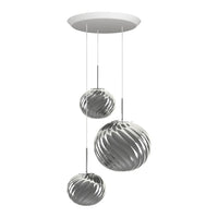 Three metallic pendant lights in silver finish, featuring elegant swirling patterns for a modern look.