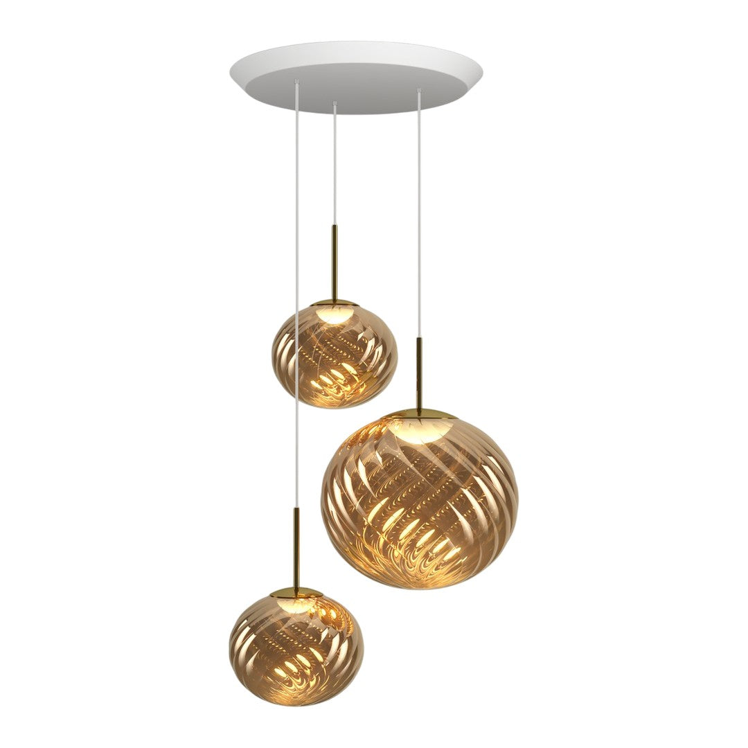 Modern pendant lamp with three swirling gold glass shades on a white ceiling mount. Elegant design for stylish decor.