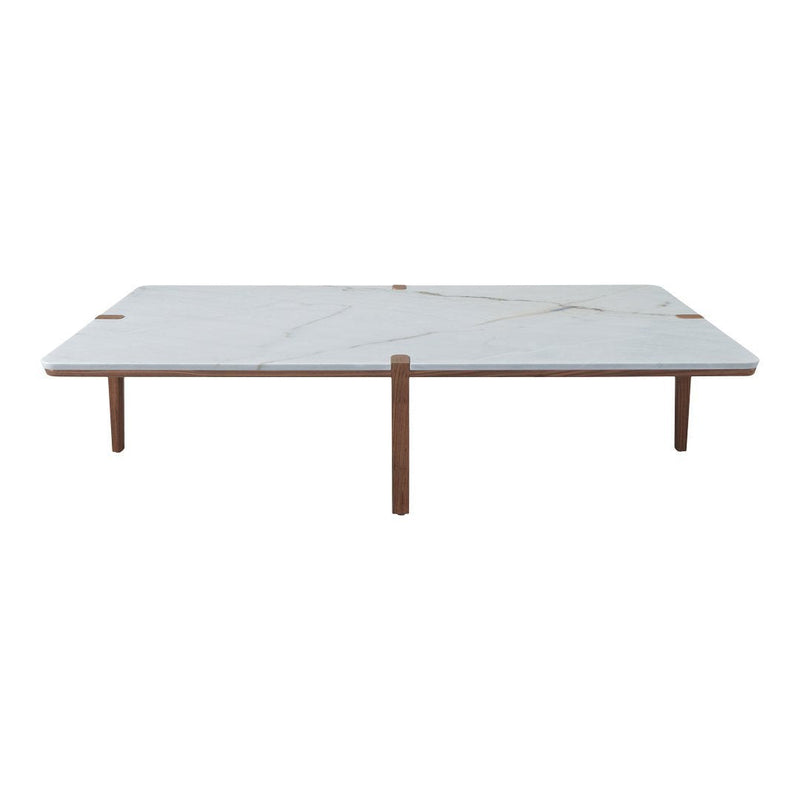 White marble top coffee table with subtle gray veining and natural wood legs, creating a modern, stylish contrast.