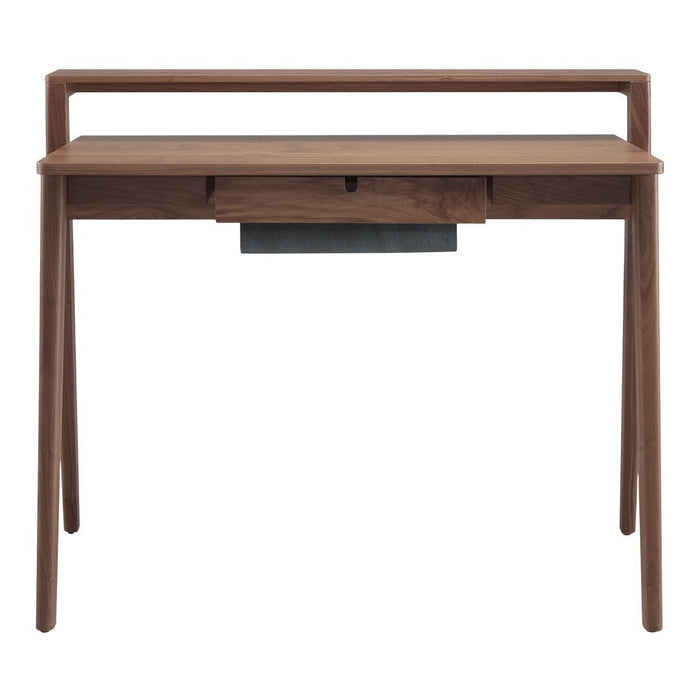 Wooden desk in rich walnut finish with minimalistic design and subtle dark accent drawer detail.