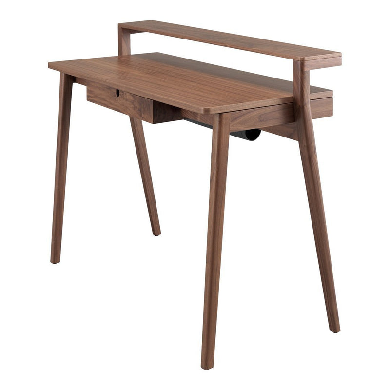 Walnut wood console table with a sleek, minimalist design and smooth, straight lines. Ideal for modern decor.