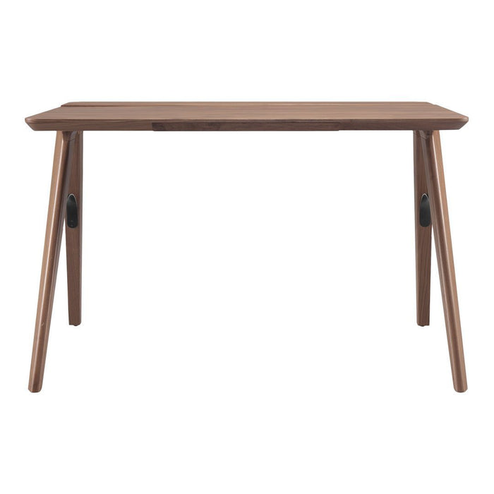 Wooden desk featuring a warm walnut finish and sleek, minimalist design. Perfect for modern spaces.