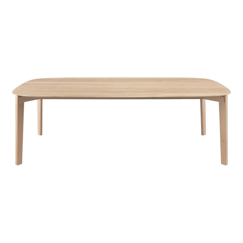 Light natural wood rectangular dining table with smooth, minimalist design and rounded edges. Ideal for modern interiors.