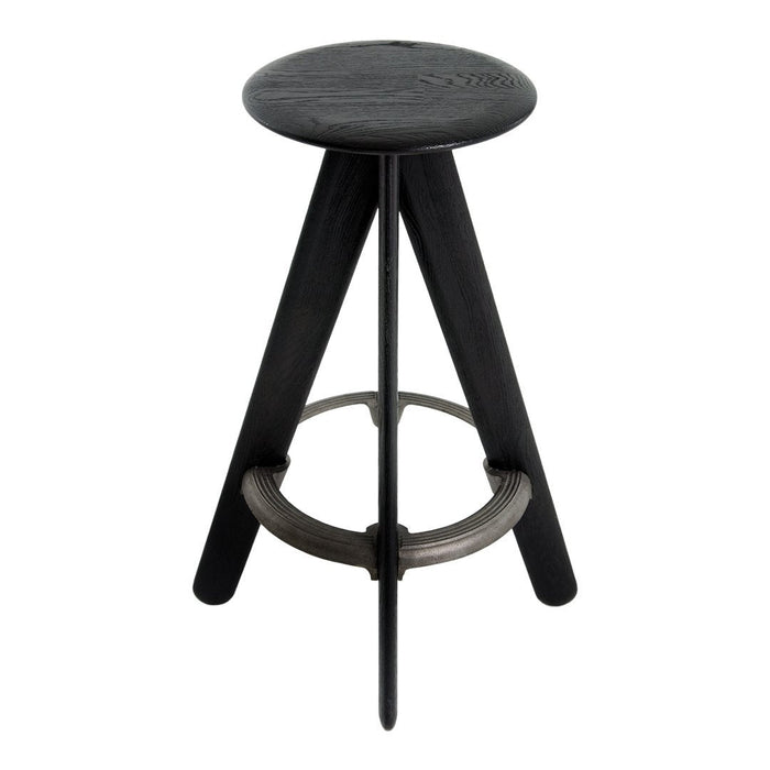 Black wooden stool with a smooth round seat and sleek tripod legs, featuring a modern and minimalist design.