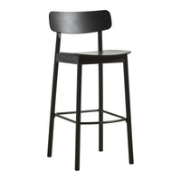 Black wooden bar stool with a smooth finish and minimalist design, showcasing a sleek, modern aesthetic.