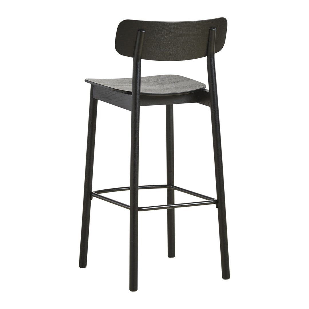 Black bar stool with a sleek, minimalist design featuring a smooth wooden seat and a matte finish. Perfect for modern decor.