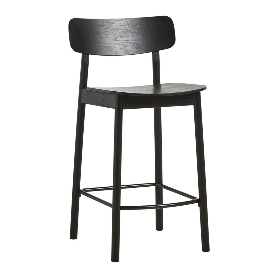 Black wooden bar stool with a minimalist design and smooth finish, perfect for modern decor.