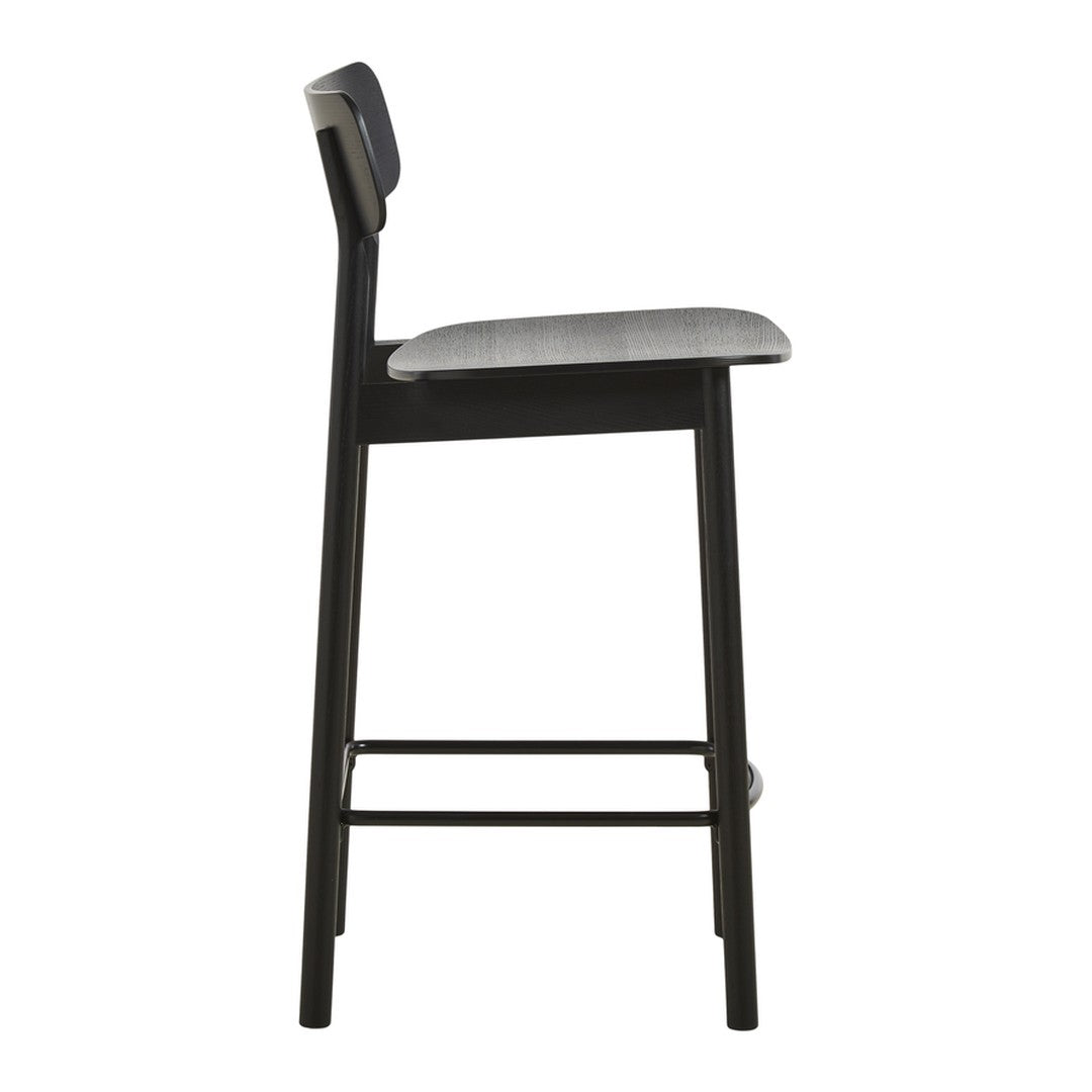 Black bar stool with a gray wooden seat, featuring a sleek, minimalist design and subtle wood grain pattern.