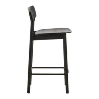 Black bar stool with a gray wooden seat, featuring a sleek, minimalist design and subtle wood grain pattern.