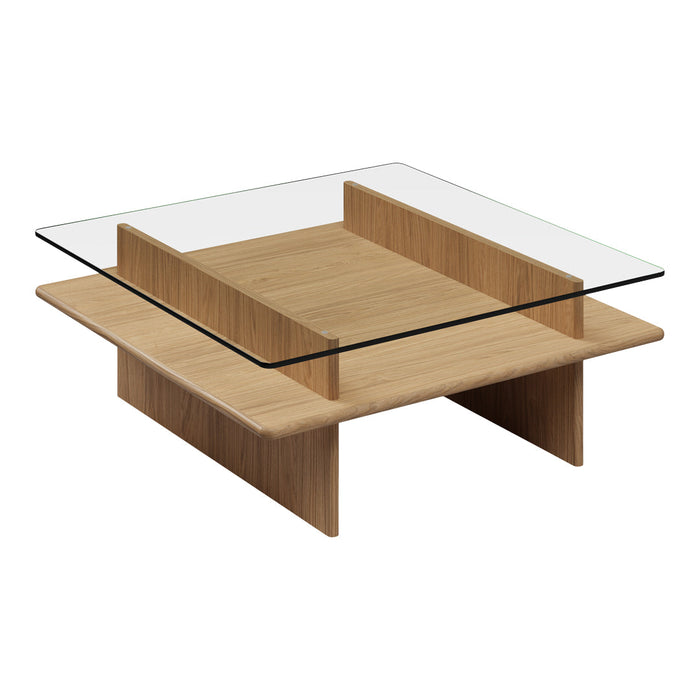 Modern square coffee table with a natural wood finish and a clear glass top, featuring clean lines and minimalistic design.