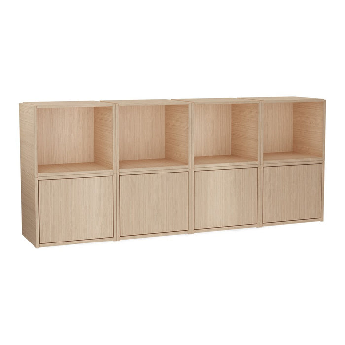Light wood grain storage unit with natural beige color and minimalist design, featuring open and closed compartments.