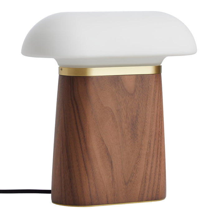 Modern lamp with a smooth white shade and a warm walnut wood base, accented by a sleek gold band.