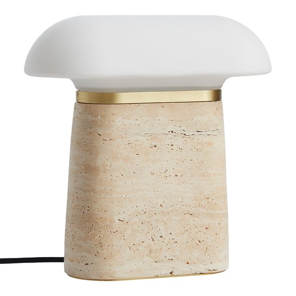 Modern lamp with a white frosted shade, gold accents, and a textured beige stone base. Perfect for stylish decor.