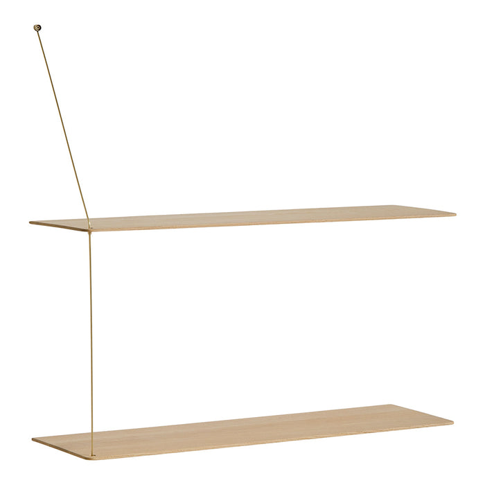 Light wood shelf with a minimalist design and sleek gold accents, featuring two horizontal layers and a unique vertical rod.