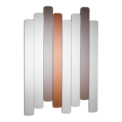 Assorted vertical panels in white, bronze, and muted gray tones, creating a modern, geometric design.