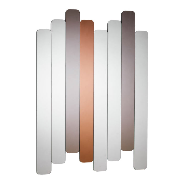 Assorted vertical panels in white, bronze, and muted gray tones, creating a modern, geometric design.