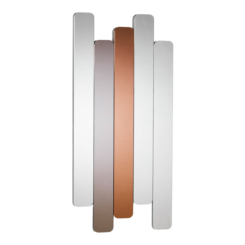 "Modern wall mirror in silver, bronze, and taupe with sleek, rectangular shapes and a contemporary design."