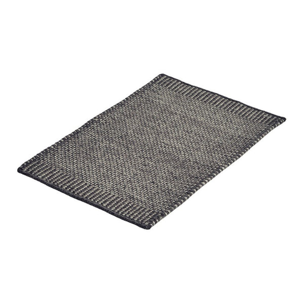 Gray and black woven rug with a textured pattern and contrasting border design. Ideal for modern decor.