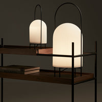 "Two modern lamps with curved white glass shades and black metal frames on a wooden shelf, featuring a minimalist design."