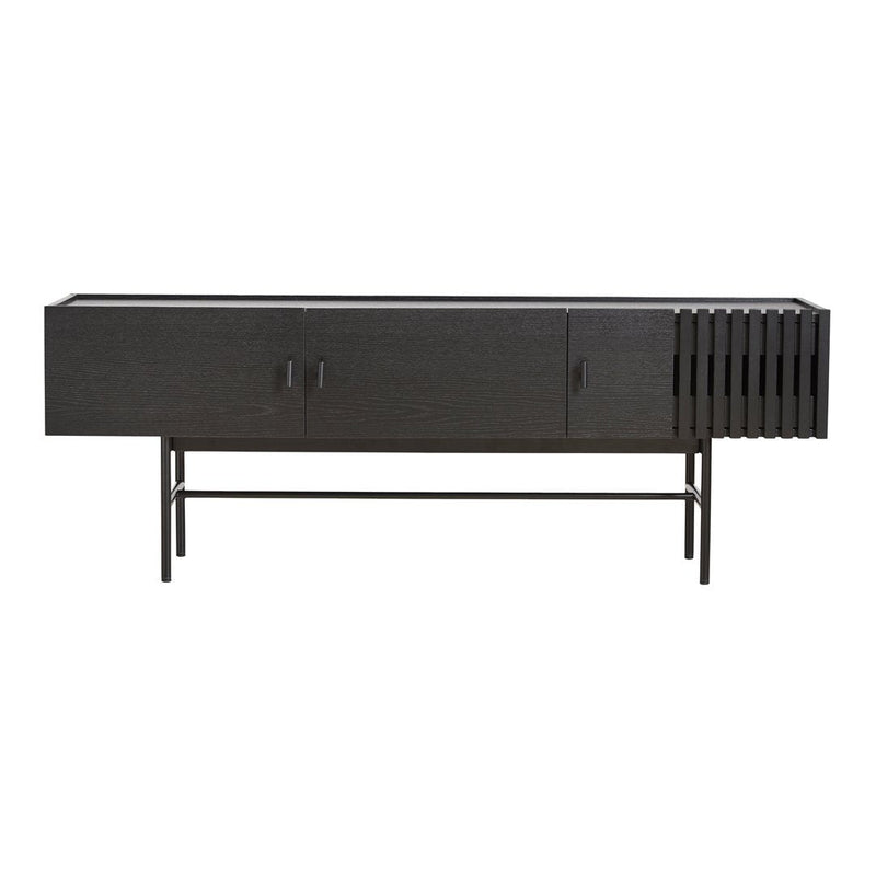Sleek black sideboard with modern horizontal and vertical slat design, perfect for minimalist decor.