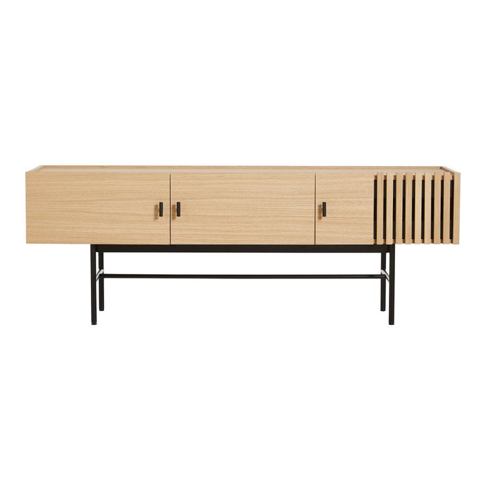 Light wood grain sideboard with a sleek black metal frame and striped pattern on the right side. Modern minimalist design.